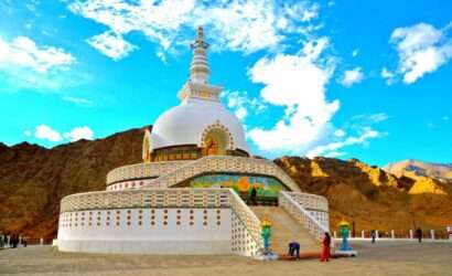 "Shanti Stupa Leh Ladakh: Majestic Buddhist monument amidst the Himalayas, emanating tranquility and spiritual serenity."