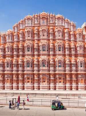 "Hawa Mahal Palace, Jaipur - Iconic Pink Sandstone Architecture with Intricate Lattice Work and Windows"