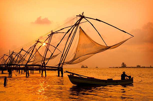 "Man kayaking with oars in Kerala's serene waters, with a stunning sunset in the background, offering a perfect blend of adventure and natural beauty."