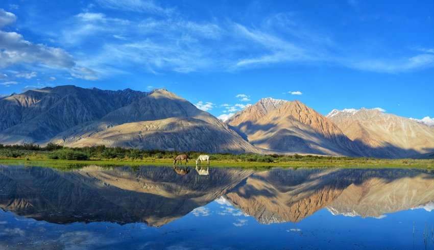 "A stunning view of Tso Moriri Lake surrounded by snow-capped mountains and blue sky"