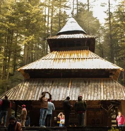 "A traveler standing amidst the lush greenery and ancient stone walls of Hadimba Devi Temple in Manali, India"